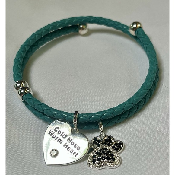 Braided Turquoise Leather Wrap Charm Bracelet for Dog‎ Lovers w Puppy Paw Charms - Picture 1 of 3